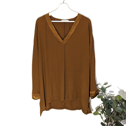 Tempest Designs - Classic v-neck long sleeve plain top with satin edge (M-L): TAN
