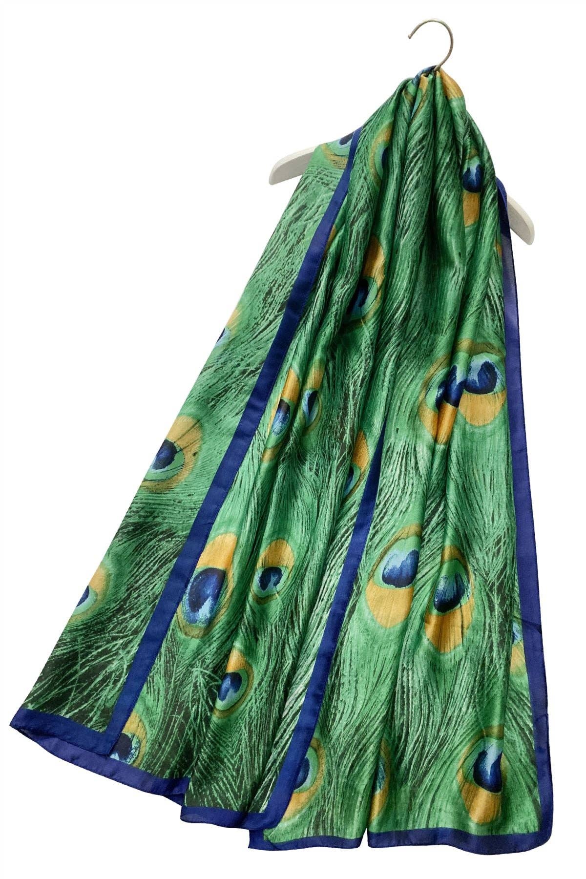 Fashion Scarf World - Peacock Feather Print Silk Scarf: Green
