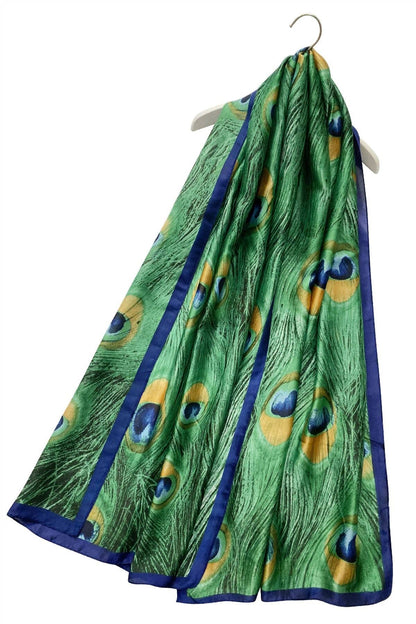 Fashion Scarf World - Peacock Feather Print Silk Scarf: Green
