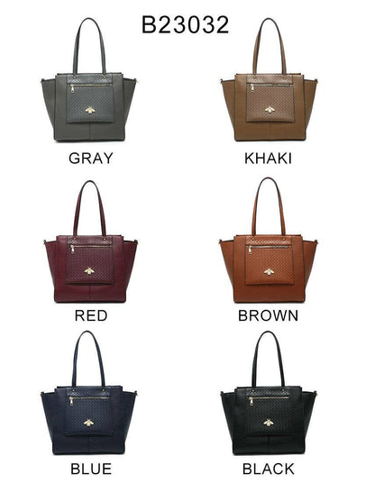 Bee Badge Zipped Pockets Top Zipped Tote Handbag: Brown