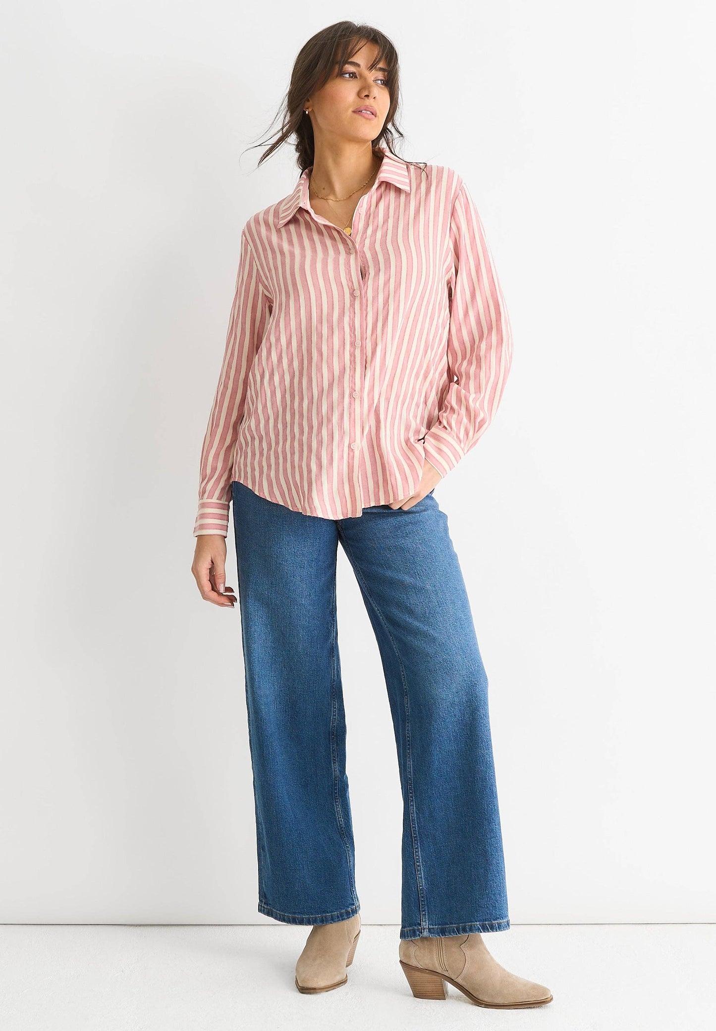 GINI LONDON - Blush Stripe Viscose Oversized Shirt: 50% Viscose & 50% Polyester / S-M (UK 8-10/US 4-6/EU 36-38)