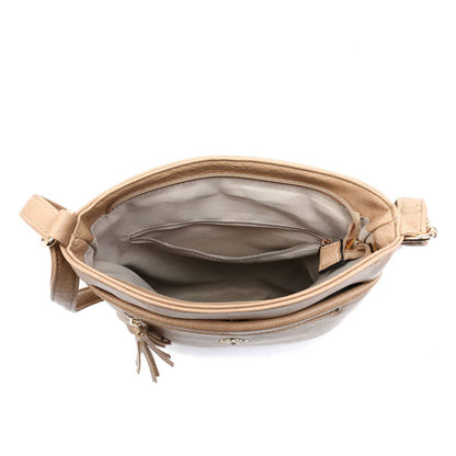 Cross Body Handbag with zip top sections: Grey