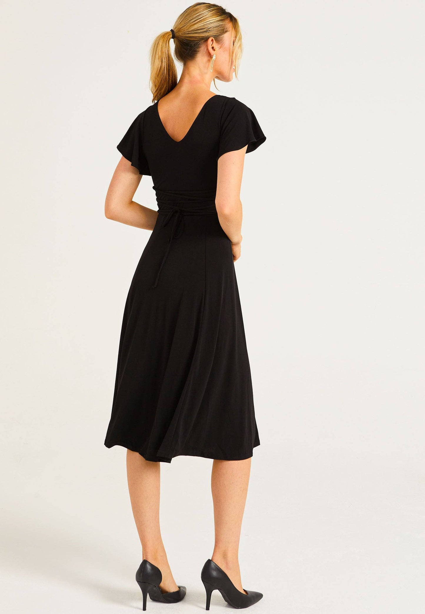 ANGELEYE - Reversible Midi Dress With Flutter Sleeves & Waist Tie In Black: M