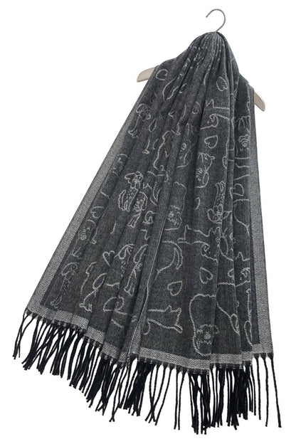 Fashion Scarf World - Cute Dog & Love Heart Reversible Print Tassel Scarf: Charcoal