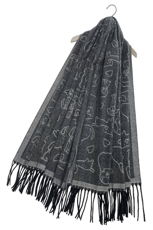Fashion Scarf World - Cute Dog & Love Heart Reversible Print Tassel Scarf: Charcoal