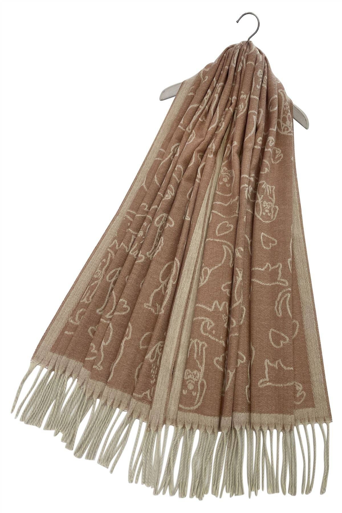 Fashion Scarf World - Cute Dog & Love Heart Reversible Print Tassel Scarf: Charcoal