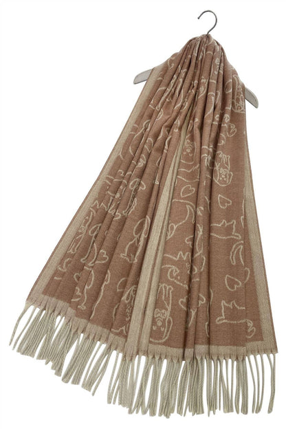 Fashion Scarf World - Cute Dog & Love Heart Reversible Print Tassel Scarf: Charcoal