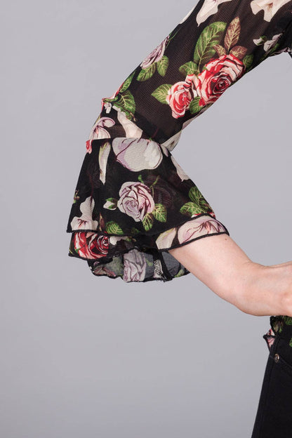 SOLO - Floral Chiffon Top with Ruffle Sleeves: 14