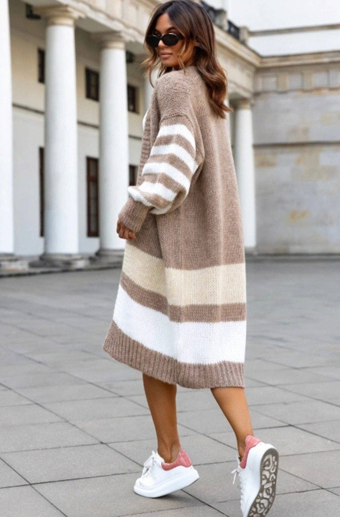Lenora Contrast Longline Knitted Cardigan-Brown: Brown one size