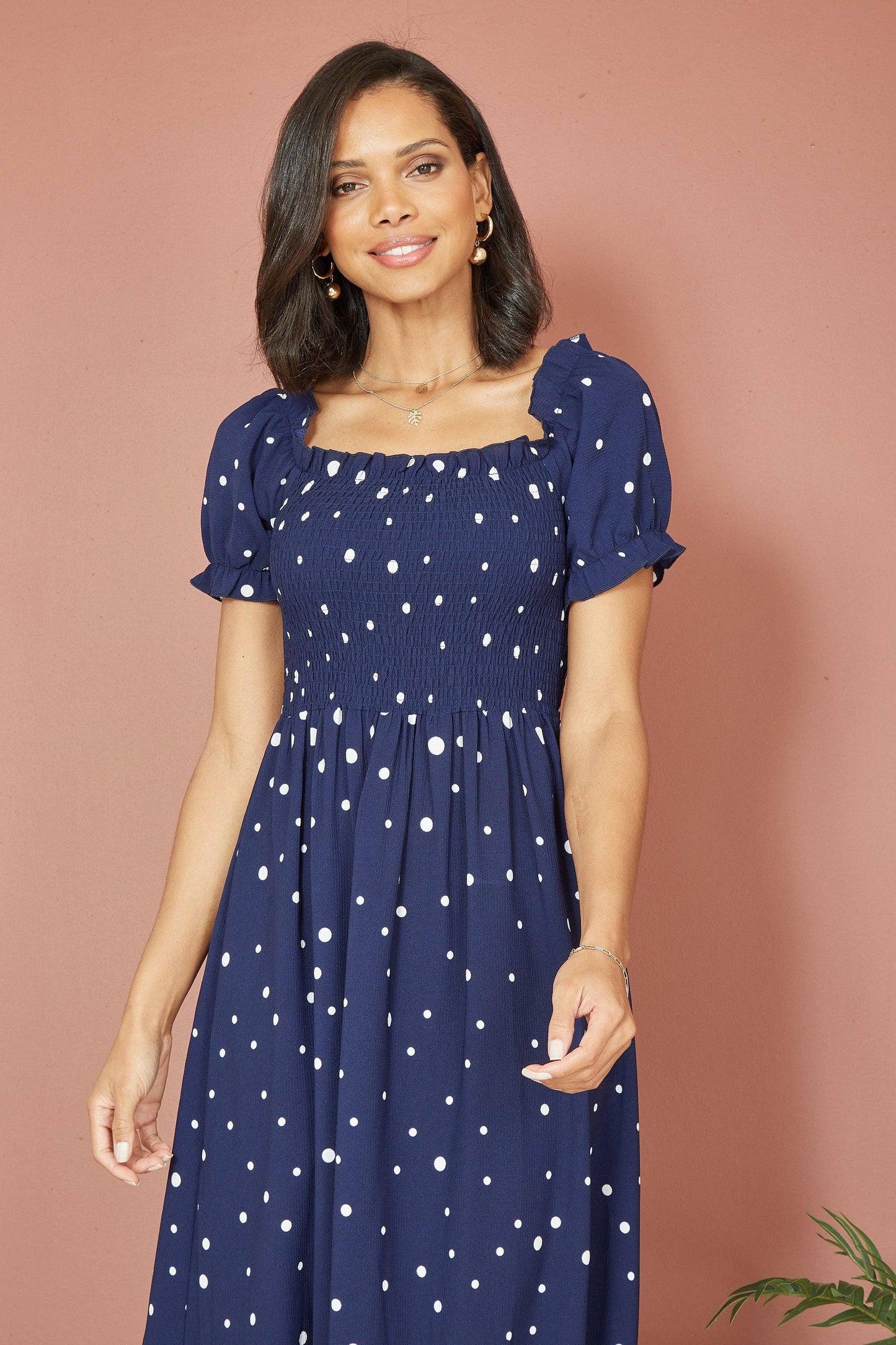 Yumi - Yumi Navy Spot And Floral Print Border Ruched Midi Dress: Navy / 10