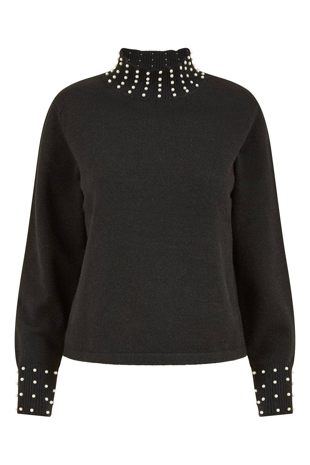 Yumi - Mela Black Pearl Detail High Neck Jumper: Black / L