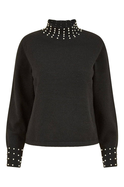 Yumi - Mela Black Pearl Detail High Neck Jumper: Black / L