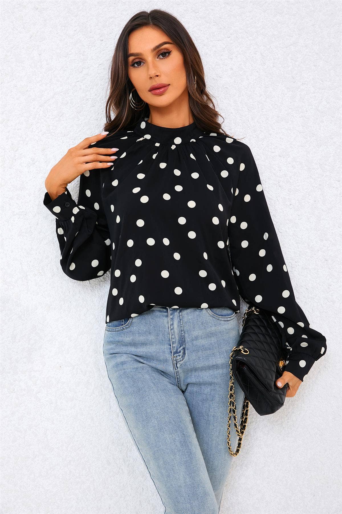 FS Collection - Black Dot Print Halter Neck Blouse Top In Black: Black / L
