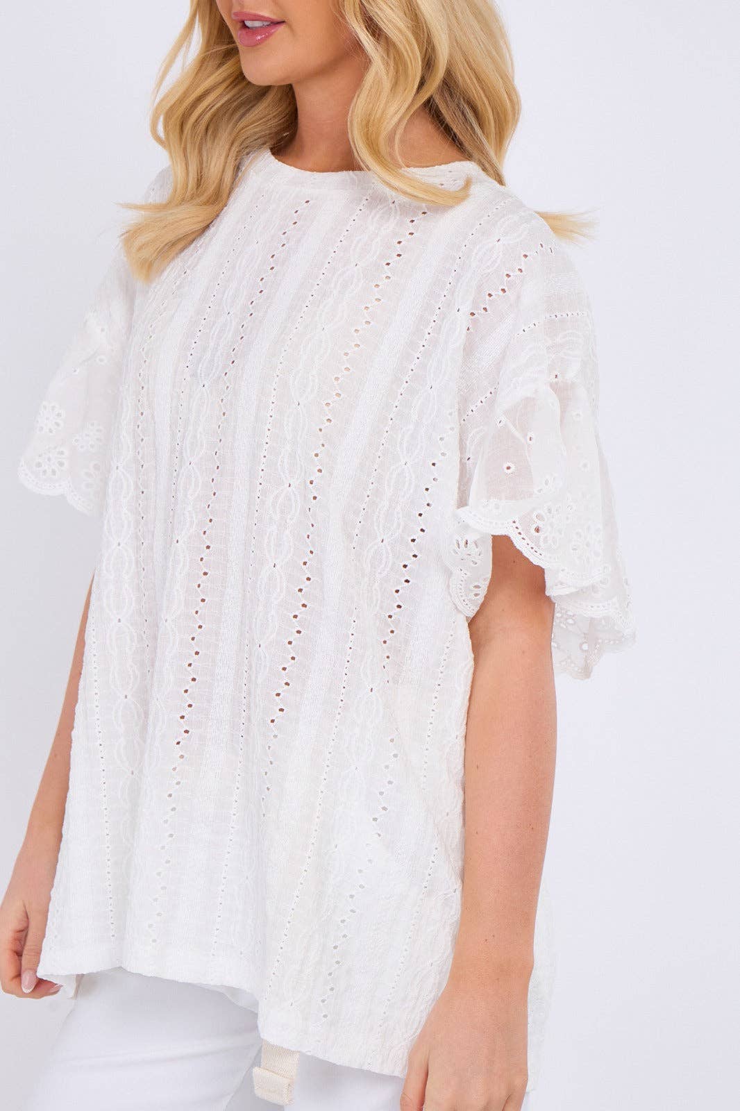 Crochet Embroidered Frill Sleeve Stretchable Top: Beige / One Size To Fit UK 12 to 18