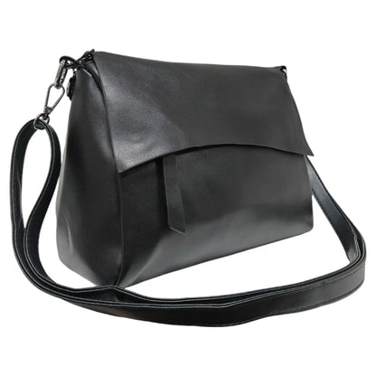 Superbia - Super Soft Silver-toned Flap Over Shoulder Bag Messenger Bag: Black