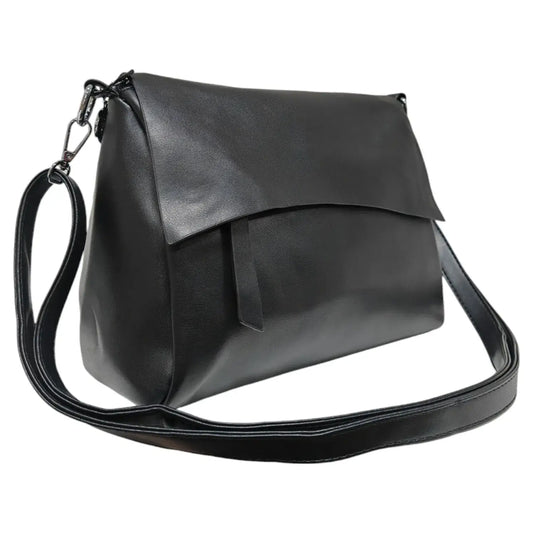 Super Soft Silver-toned Flap Over Shoulder Bag Messenger Bag: Black