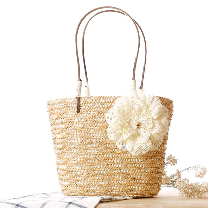 Superbia - Small Flower Bright Colors  Straw Basket Bag-Cl-27: Beige