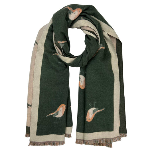 Lili Scarves - Robin Reversible Cashmere Blend Embroidered Print Winter Scarf: Khaki