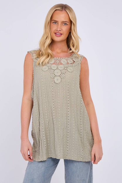 Embroidered Crochet Wide Lace Strap Vest Ladies Top: Black / One Size To Fit UK 14 to 20