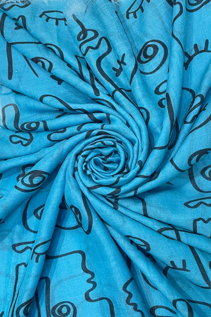 Fashion Scarf World - Abstract Face Print Frayed Scarf: Blue