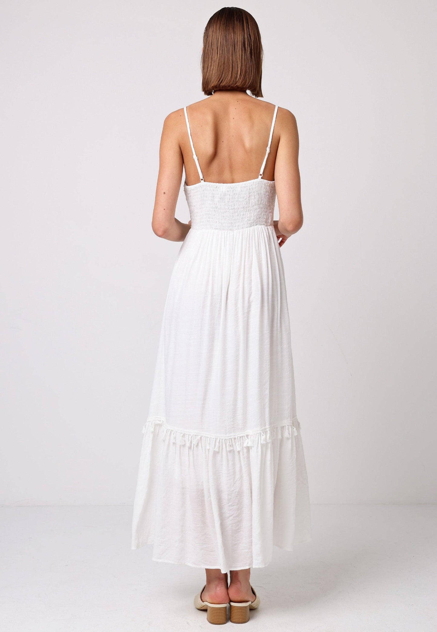 ANGELEYE - Crochet Top Cami Dress with Gold Waist Detail in White: M