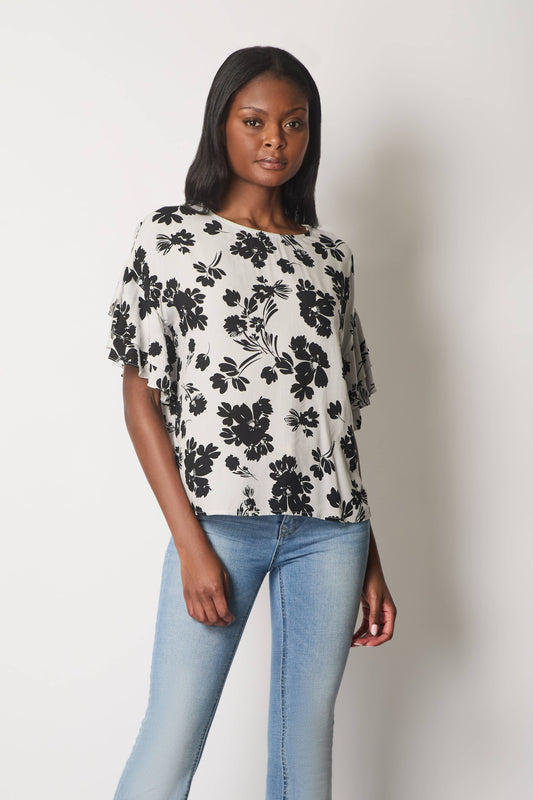 SOLO - Floral Print Top with Layered Sleeves - White: 10