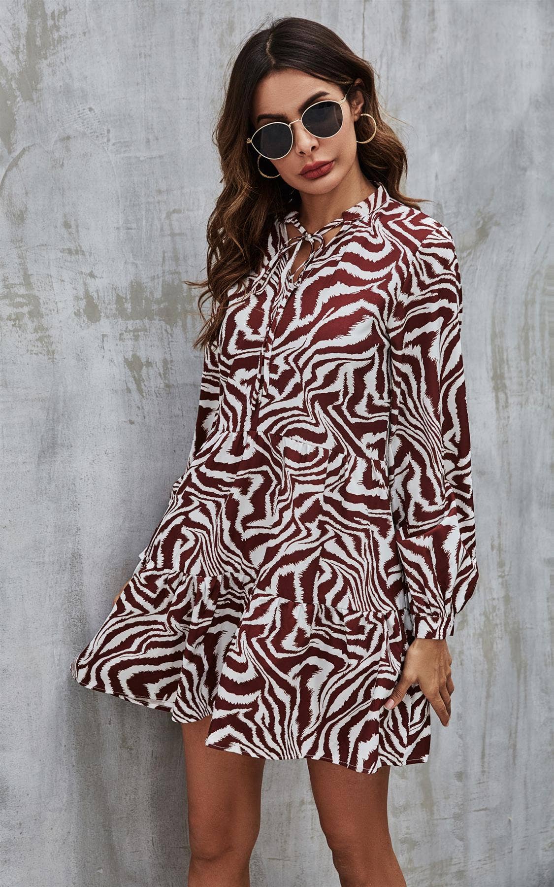 FS Collection - Zebra Print Long Sleeve Smock Dress In White: M/L