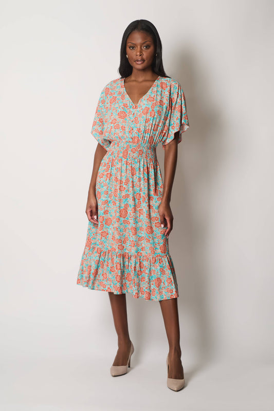 SOLO - Floral Print Midi Dress with Flutter Sleeves - Orange: 16