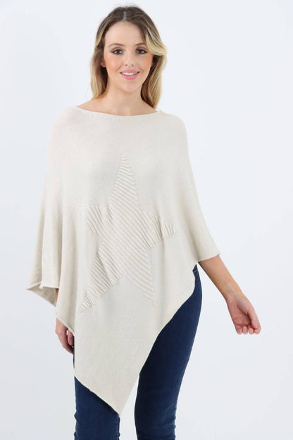 Italian Knitted Lagenlook Star Poncho: Camel / One Size To Fit UK 8-18