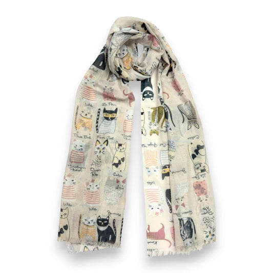 Lili Scarves - Mixed Cat Print Scarf: Cream