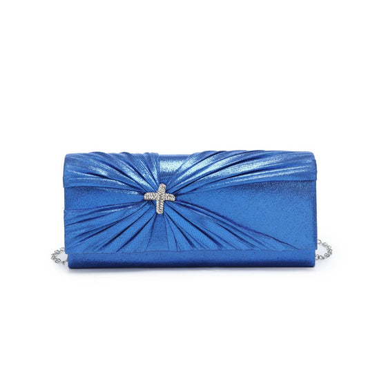 Diamante Pin On The Flap Over Cover Satin Clutch Bag: Blue