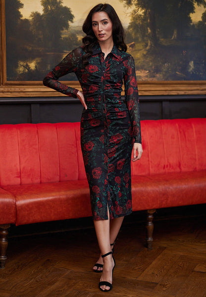 ANGELEYE - Black Bodycon Shirt Dress with Mesh Sleeves in Rose Print: L