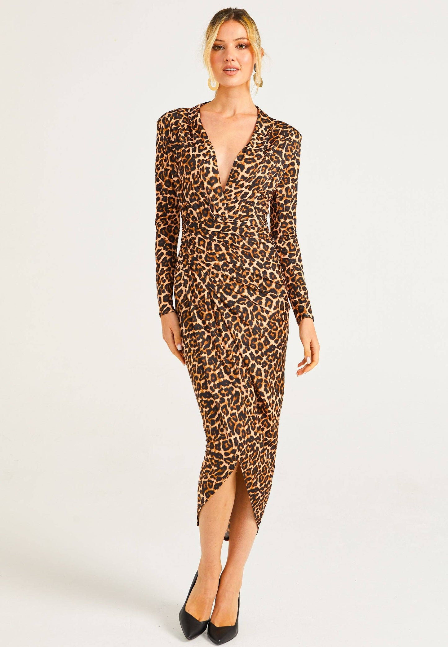 ANGELEYE - Plunge Neck Faux Wrap Print Midi Dress in Leopard: S