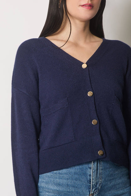 SOLO - V-Neck Buttoned Cardigan with Pockets - Navy: 10