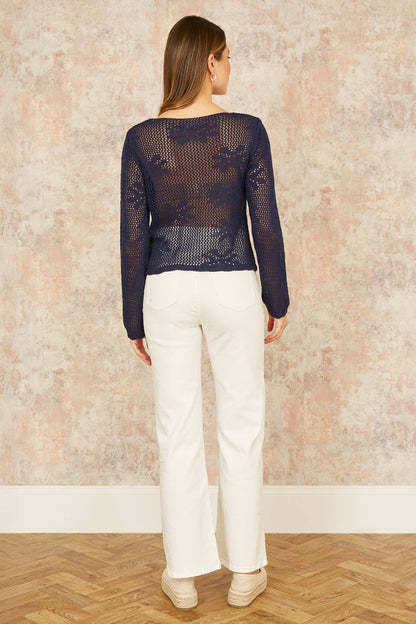 Yumi - Yumi Navy Flower Crochet Button Up Cardigan: Navy / M