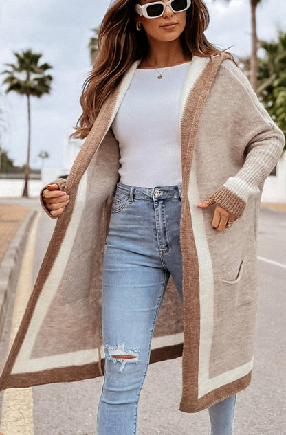 Bahira Longline Hooded Knitted Cardigan-Brown: Brown ONE SIZE