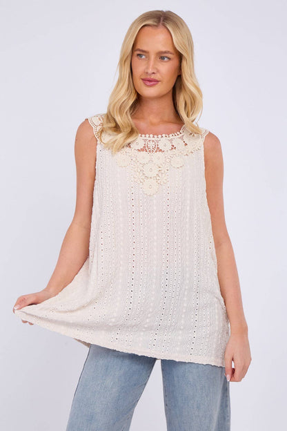 Embroidered Crochet Wide Lace Strap Vest Ladies Top: Sage / One Size To Fit UK 14 to 20