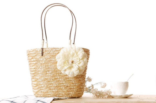 Superbia - Small Flower Bright Colors  Straw Basket Bag-Cl-27: Beige