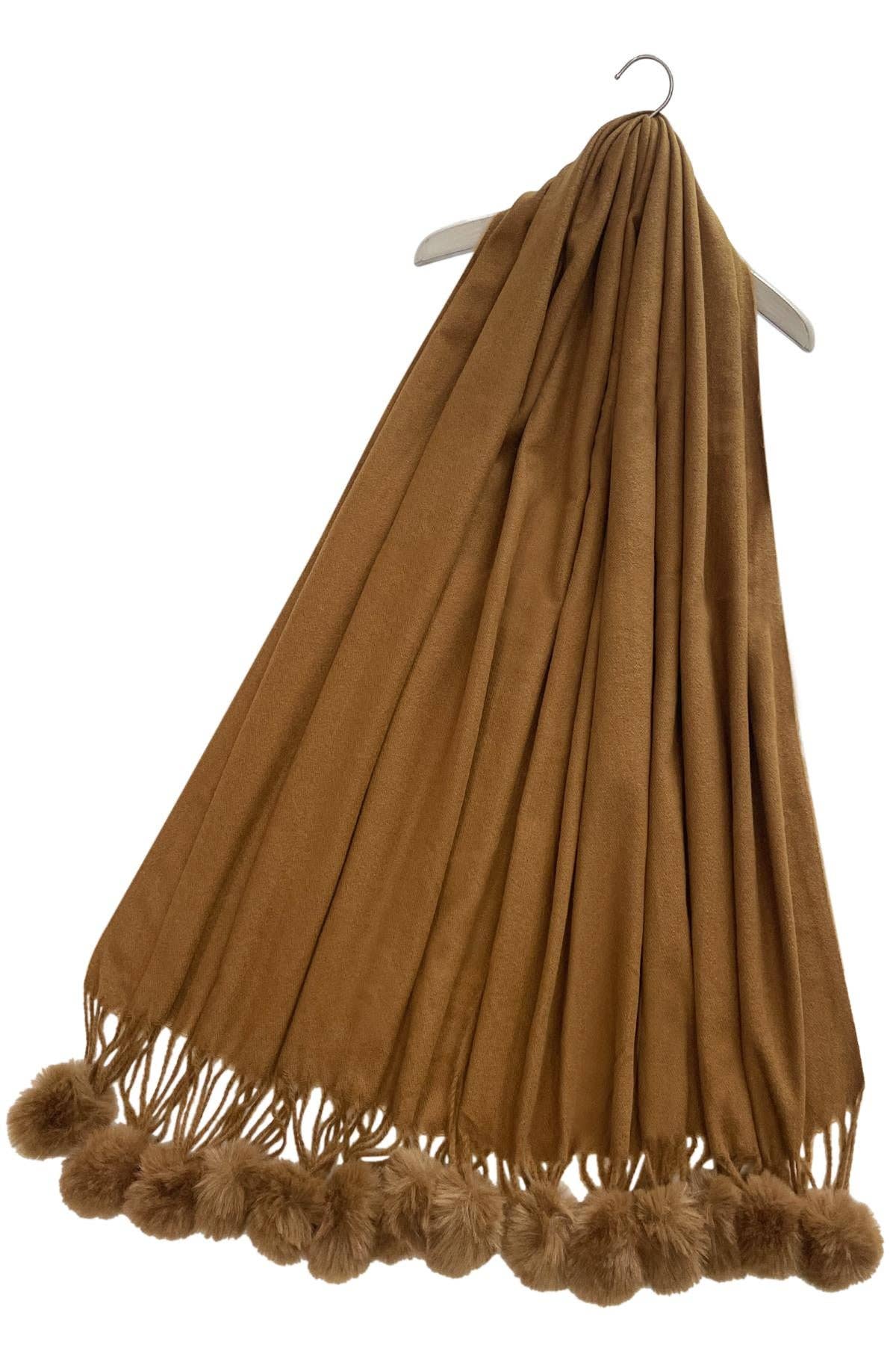 Fashion Scarf World - Plain Wool Pom Pom Scarf: Brown