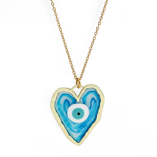 Evil Eye Resin Style Blue Necklace with Gold Border: Heart