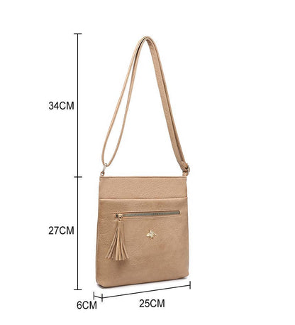 Cross Body Handbag with zip top sections: Brown
