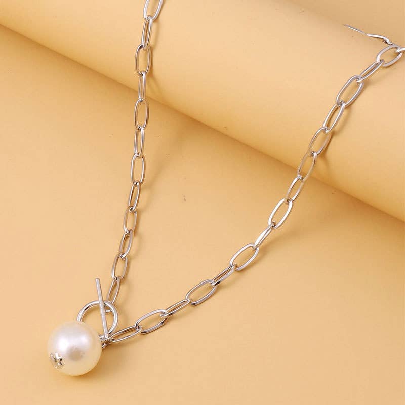 Pearl Drop Chain Necklace (Gold & Silver): Silver