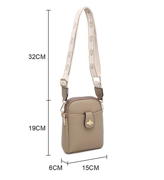 Cross Body Handbag with double zip top sections: Beige