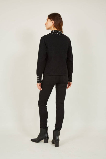 Yumi - Mela Black Pearl Detail High Neck Jumper: Black / L