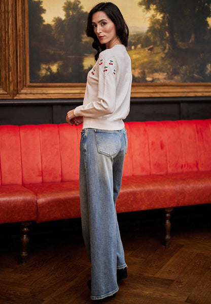 ANGELEYE - White Jumper With Cherry Embroidered Detail: M