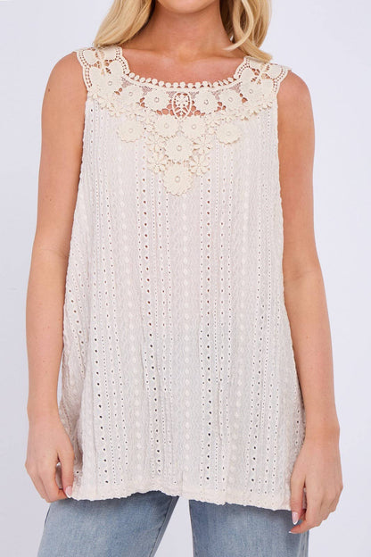 Embroidered Crochet Wide Lace Strap Vest Ladies Top: Sage / One Size To Fit UK 14 to 20