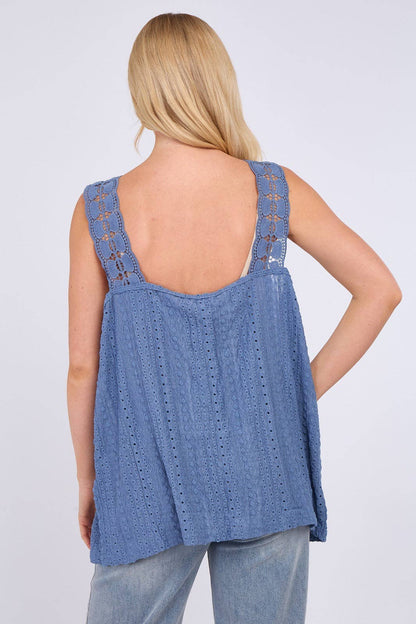 Embroidered Crochet Wide Lace Strap Vest Ladies Top: Sage / One Size To Fit UK 14 to 20