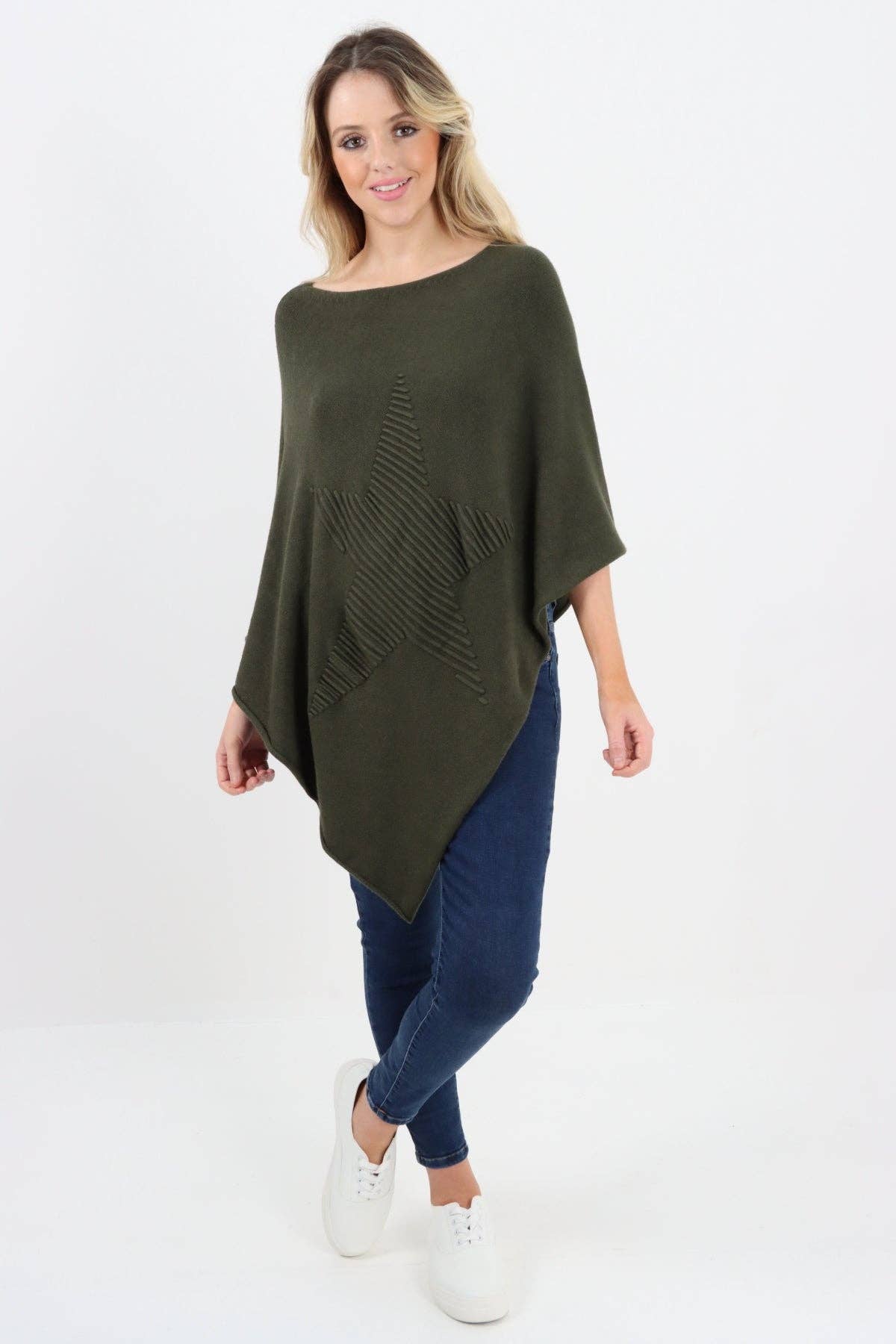 Italian Knitted Lagenlook Star Poncho: Camel / One Size To Fit UK 8-18