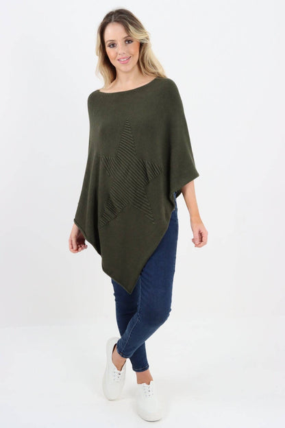 Italian Knitted Lagenlook Star Poncho: Beige / One Size To Fit UK 8-18