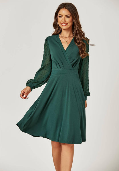 FS Collection - Long Chiffon Sleeve Pleated Midi Dress In Dark Green: S